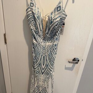 Beaded Elegant Cachet NY full length beaded blue white evening gown size 10